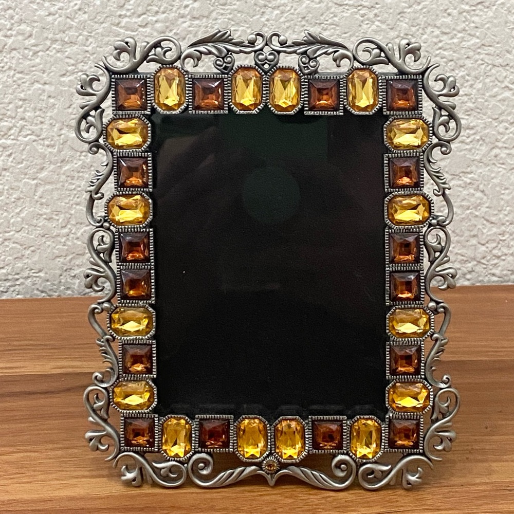 TWO’s Company Gold Amber Austrian Crystal Pewter Silver 4x3 Photo Picture Frame